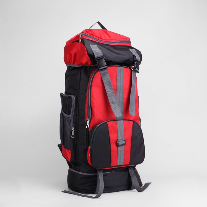 Рюкзак туристический "Тур", 38*22*70/82, трансформер, отделение на молнии, 7 наружных карманов, усиленная спинка, чёрный/красный