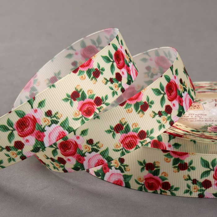 Лента репсовая "Розы", 25мм, 18±1м
