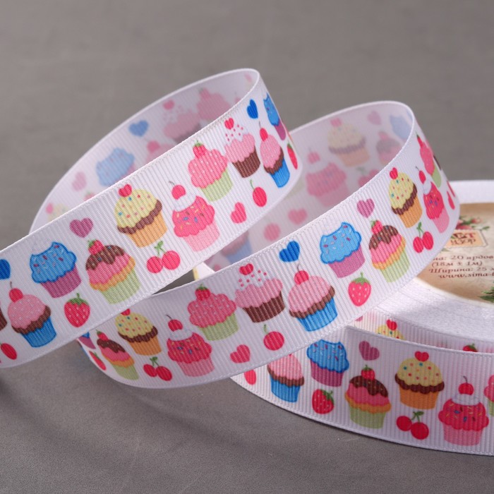 Лента репсовая "Пироженки", 25мм, 18±1м, цвет белый