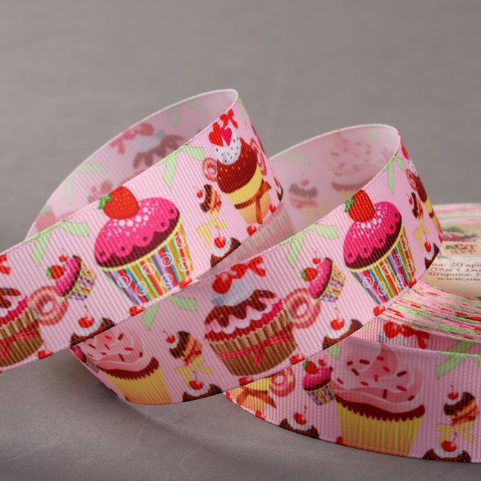 Лента репсовая "Пироженки", 25мм, 18±1м, цвет розовый