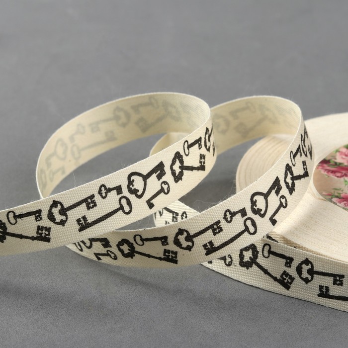 Лента хлопковая "Ключи", 15мм, 23±1м, цвет белый/чёрный