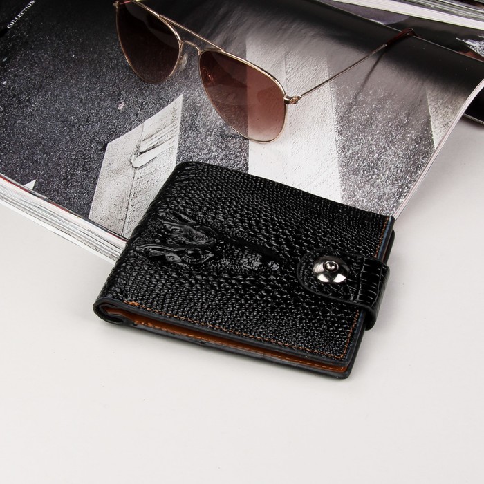 Кошелёк мужской, 2 отдела, для карт, на кнопке, цвет чёрный