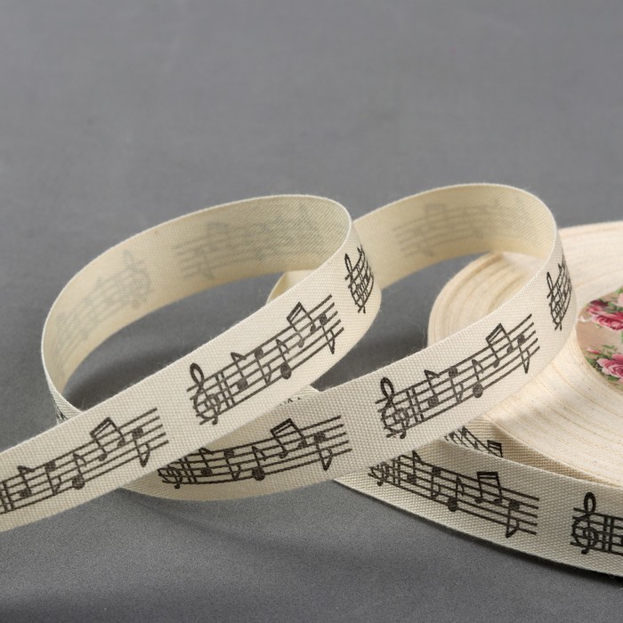 Лента хлопковая "Ноты", 15мм, 23±1м, цвет белый/чёрный