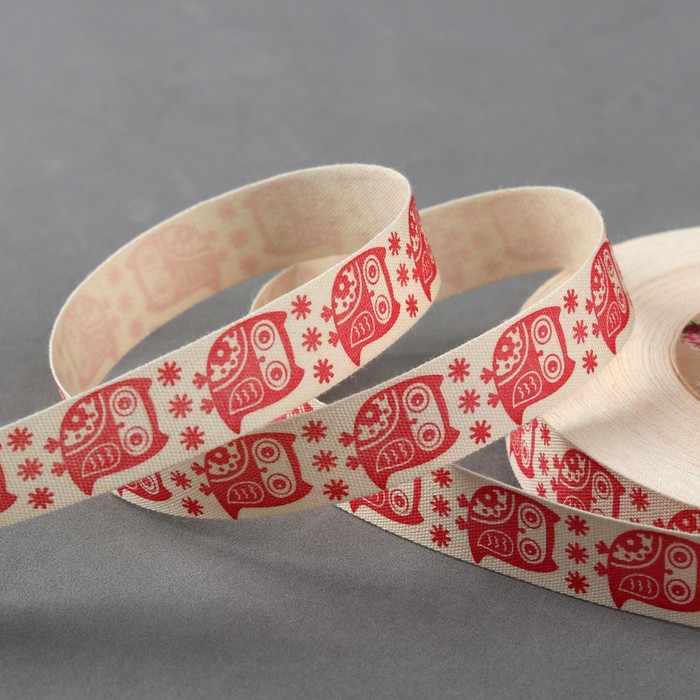 Лента хлопковая "Совы", 15мм, 23±1м, цвет белый/красный
