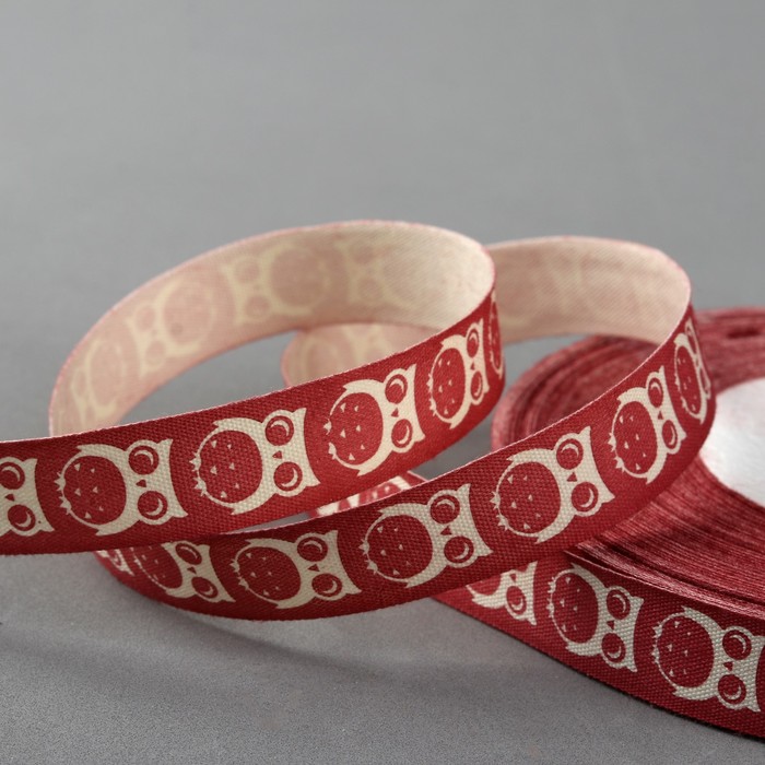 Лента хлопковая "Совы", 15мм, 23±1м, цвет красный/белый