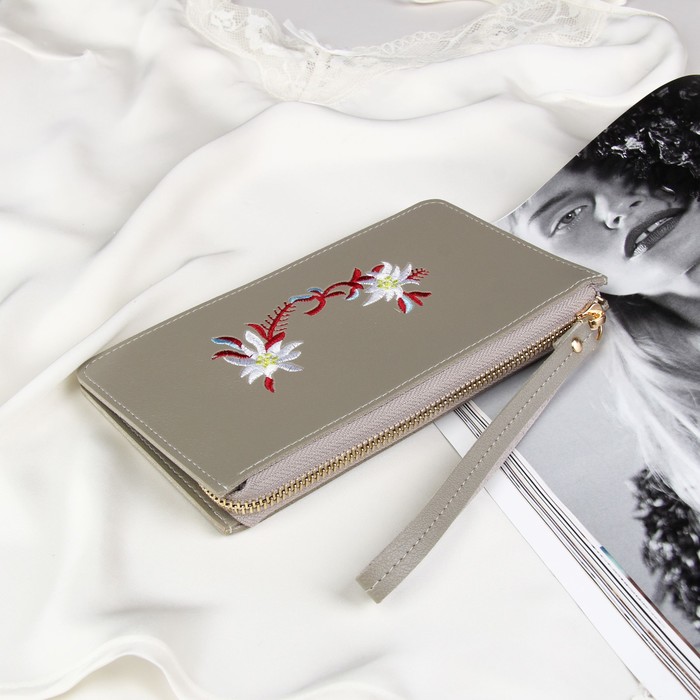 Кошелёк женский, 4 отдела для карт, для монет, с ручкой, цвет серый