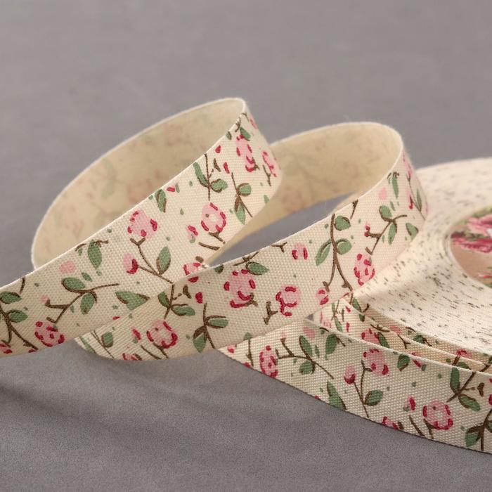 Лента хлопковая "Цветы", 15мм, 23±1м, цвет белый/розовый