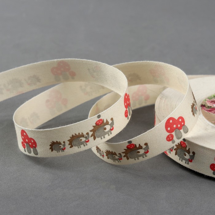 Лента хлопковая "Ёжики", 15мм, 23±1м, цвет белый/серый