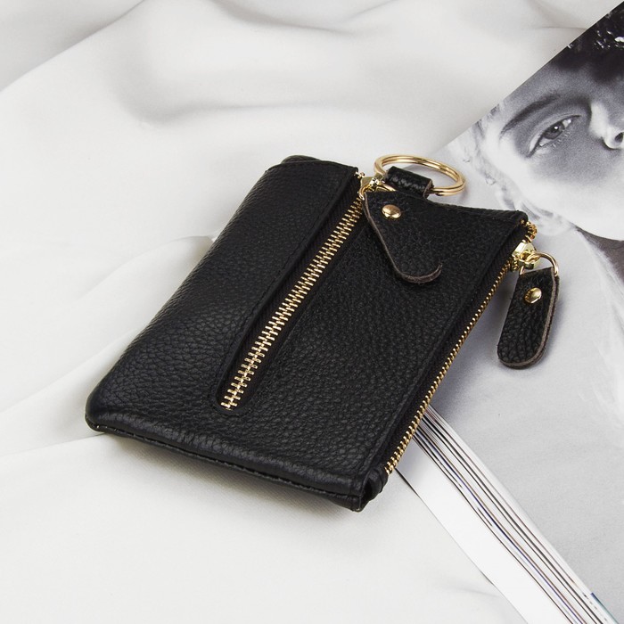 Ключница, отдел на молнии, 6 карабинов, кольцо, наружный карман, цвет чёрный