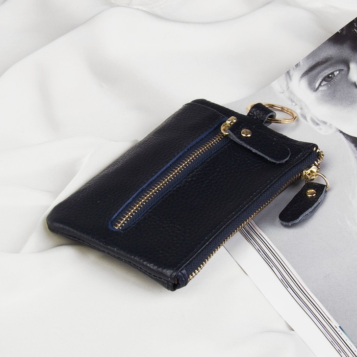 Ключница, отдел на молнии, 6 карабинов, кольцо, наружный карман, цвет синий