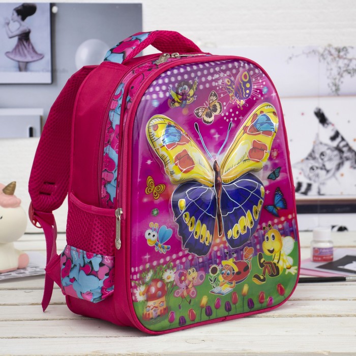 Рюкзак школ Бабочки, 28*13*33, 2 отд на молниях, 2 бок сетки, розовый
