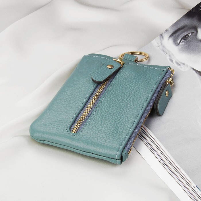 Ключница, отдел на молнии, 6 карабинов, кольцо, наружный карман, цвет голубой