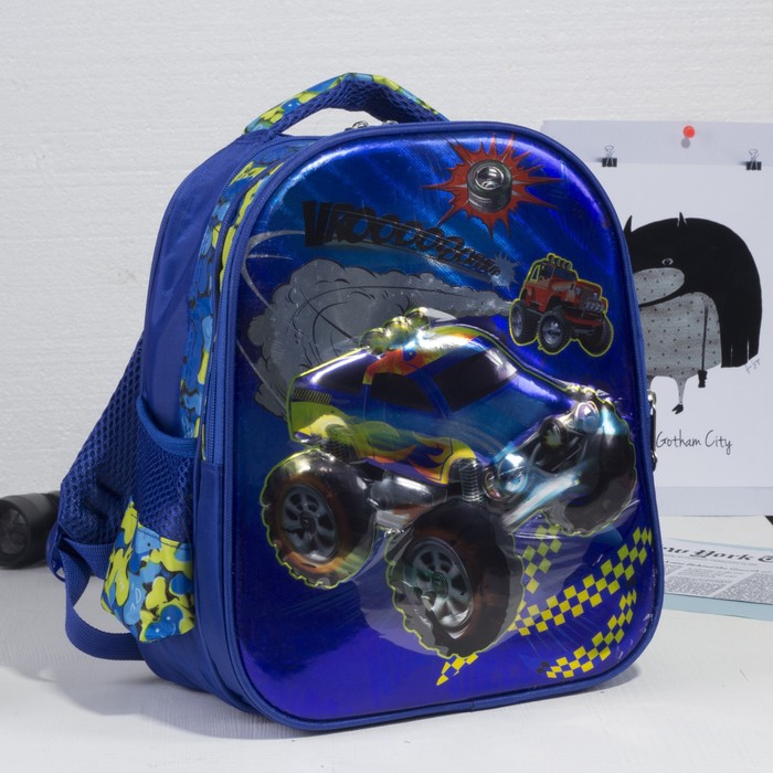 Рюкзак школ Гонщик, 28*13*33, 2 отд на молниях, 2 бок сетки, синий