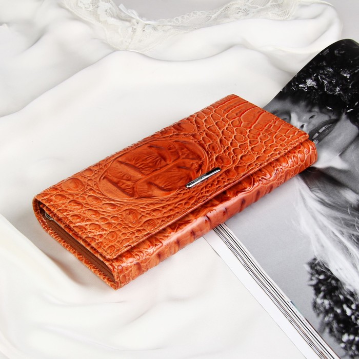 Кошелёк женский, 4 отдела, для карт, для монет на клапане, 2 отдела на раме, цвет терракотовый