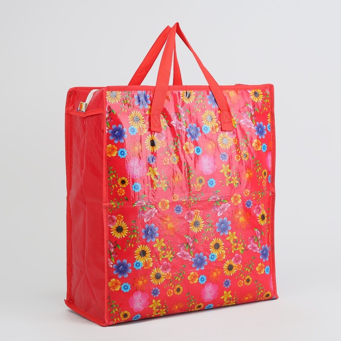 Сумка хозяйственная «Цветы», отдел на молнии, цвет красный
