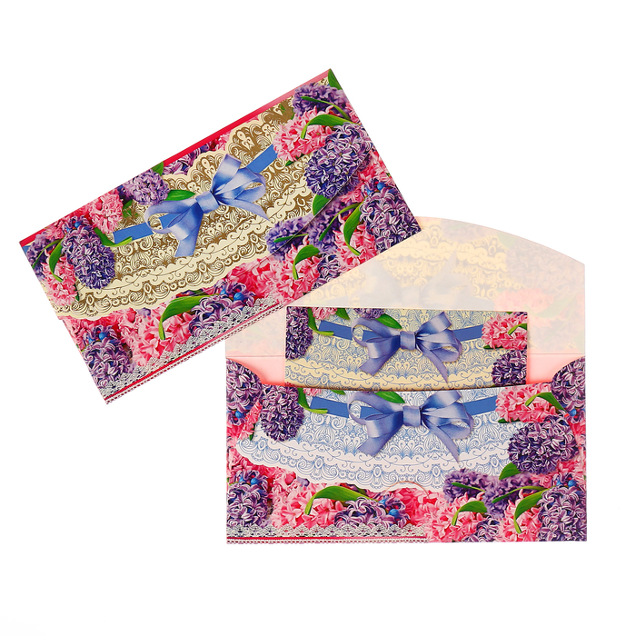 Конверт для денег "Универсальный" цветы, голубой бант