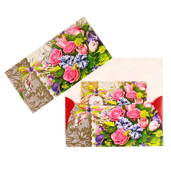 Конверт для денег "Универсальный" букет роз, золотой узор