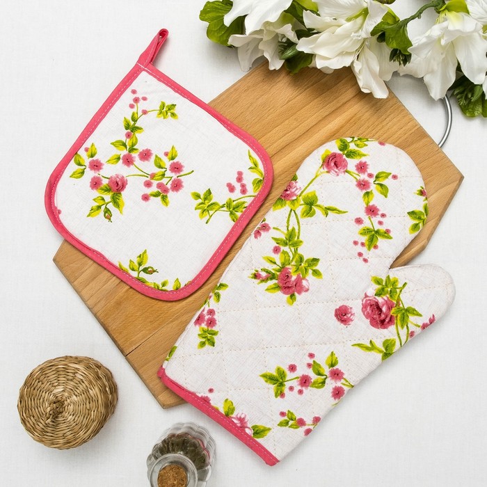 Комплект Романтика "Английский сад"(рукавичка 18х28 ,прихв. 18х18) рогожка 190 г/м2 хл100%