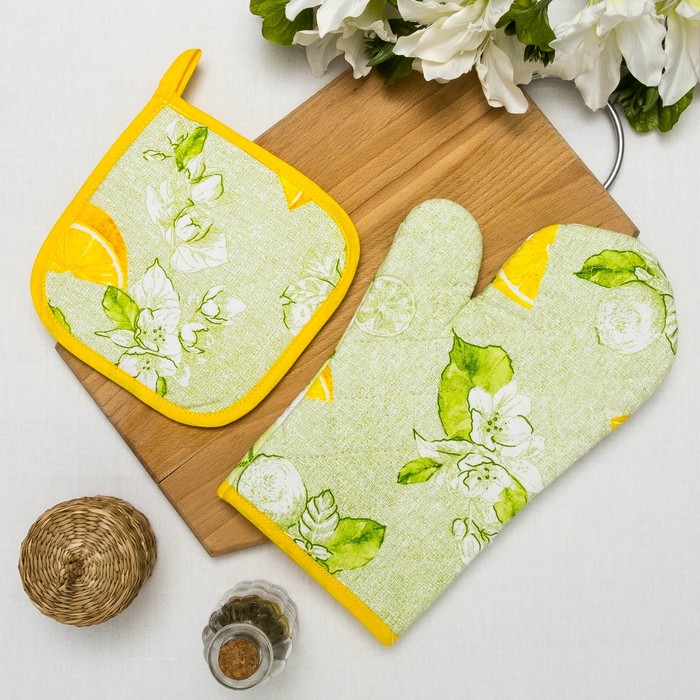 Комплект Романтика "Лимонный сад" (рукавичка 18х28 ,прихв. 18х18) рогожка 190 г/м2 хл100%