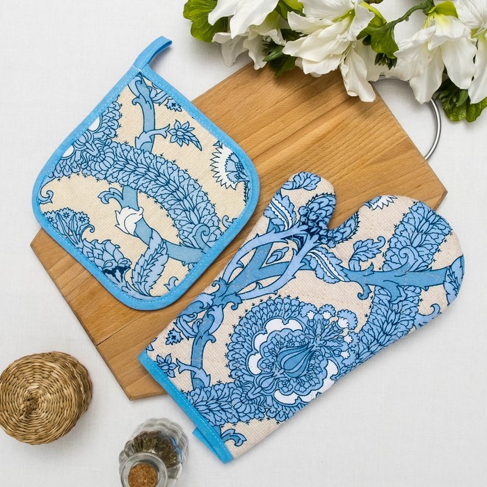 Комплект Романтика "Птица дивная"(рукавичка 18х28,прихв. 18х18)рогожка 190 г/м2 хл100%