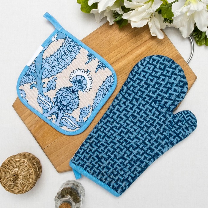 Комплект Романтика "Птица дивная"(рукавичка 18х28,прихв. 18х18)рогожка 190 г/м2 хл100%