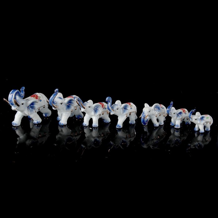 Сувенир керамика "Слоны в попоне в цветах" набор 7 шт h=9,5 7,8 7 6,3 4,8 5 см