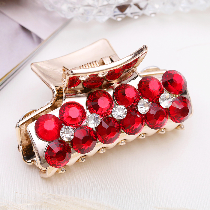 Краб для волос "Роял" 6 см цветы стразы красный