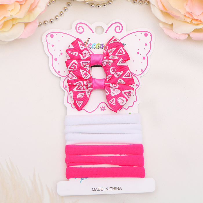 Набор для волос "Фуфыра" (2 зажима, 6 резинок) бант розово-белый