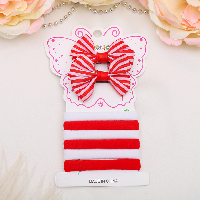 Набор для волос "Фуфыра" (2 зажима, 6 резинок) бант полоски красный
