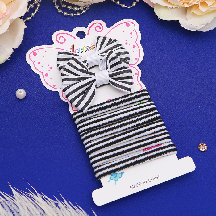 Набор для волос "Фуфыра" (2 зажима, 6 резинок) бант полоски чёрный