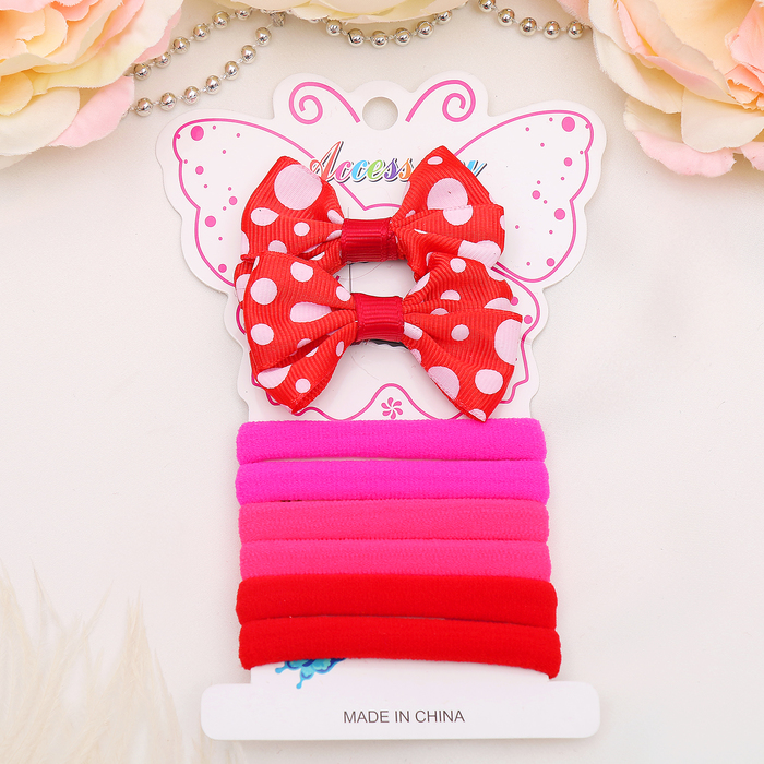 Набор для волос "Фуфыра" (2 зажима, 6 резинок) бант горох красный