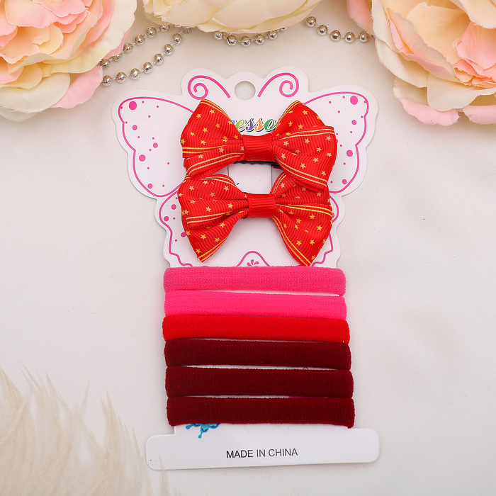 Набор для волос "Фуфыра" (2 зажима, 6 резинок) бант париж красный