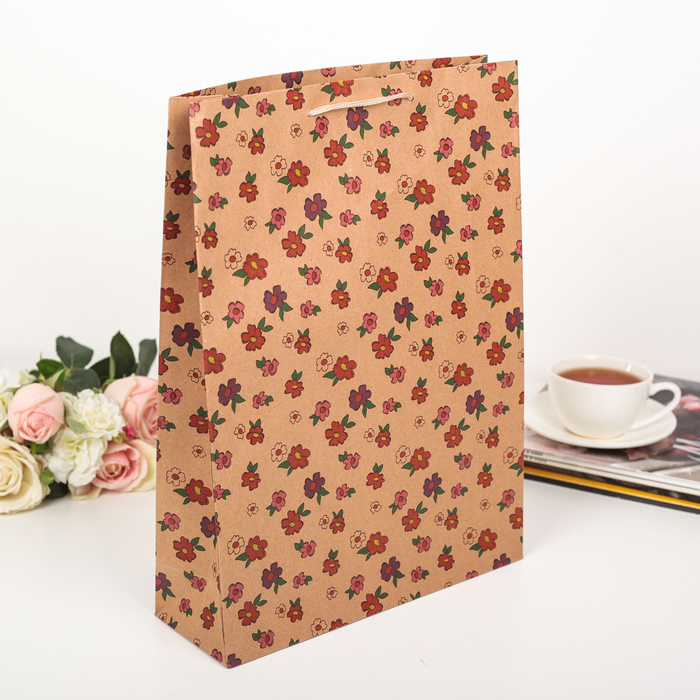 Пакет крафт "Цветочки", 27 х 9 х 37 см