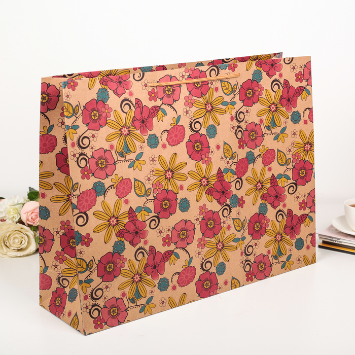 Пакет крафт "Яркие цветы", 49 х 13 х 38 см