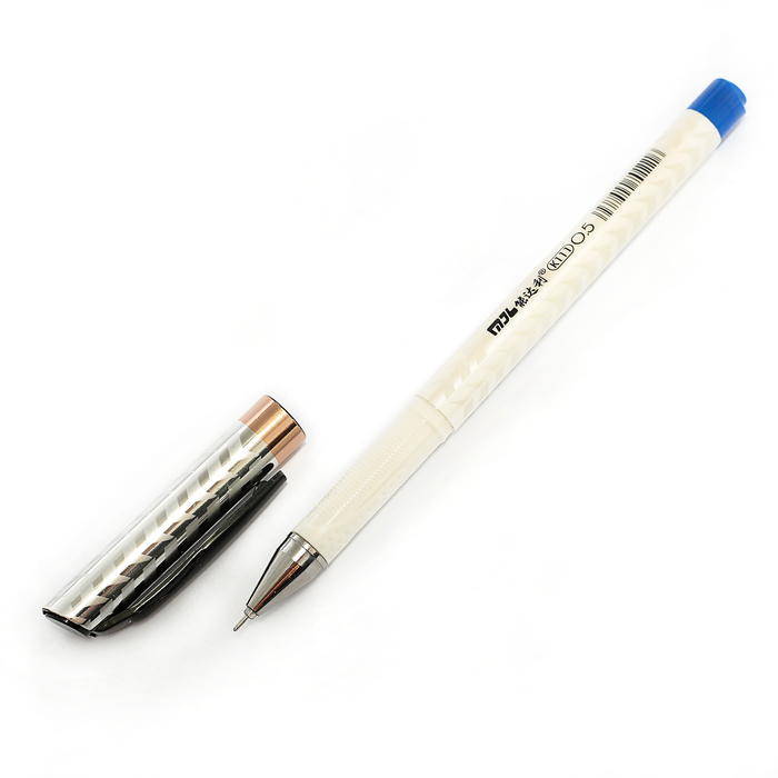 Ручка гелевая 0,5мм синяя корпус белый перламутр с серебристым с рифленым держателем