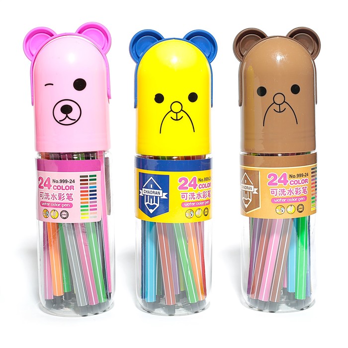 Фломастеры 24цв Полоски в тубусе с ручкой Мишка