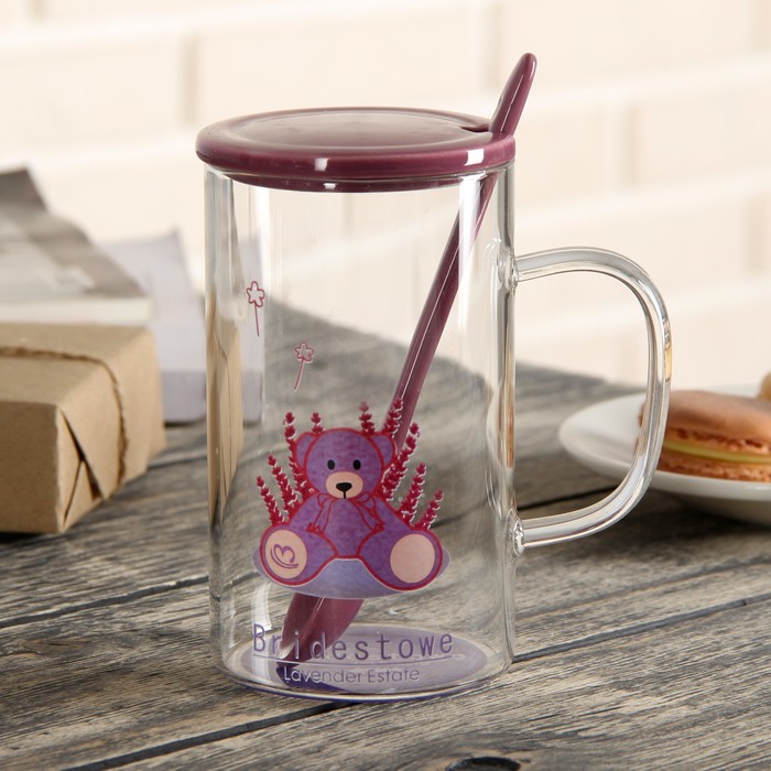 Кружка 350 мл "Мишка в лаванде", с крышкой и ложкой