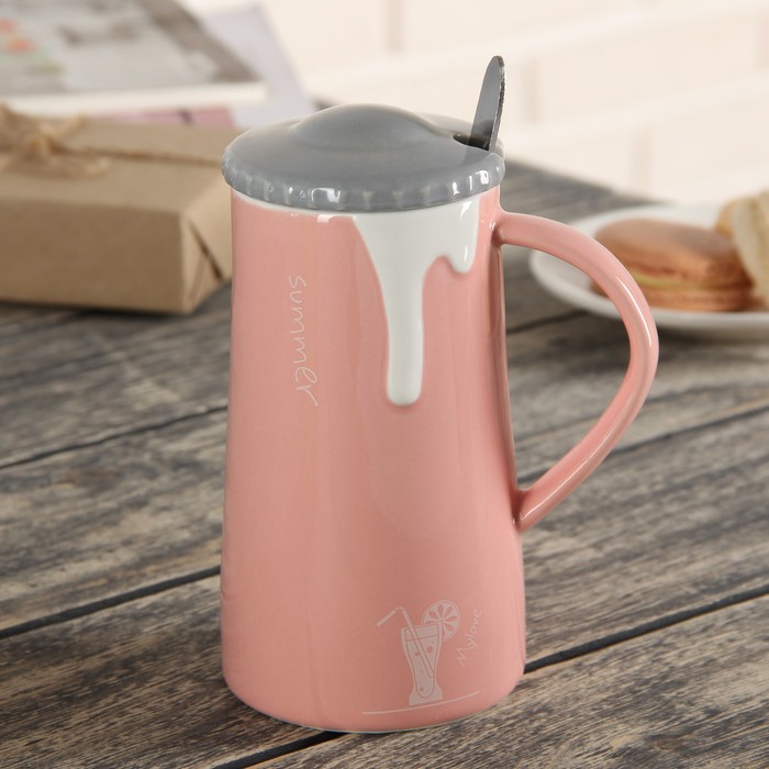 Кружка 400 мл "Коктейль", с керамической крышкой и ложкой, цвета МИКС