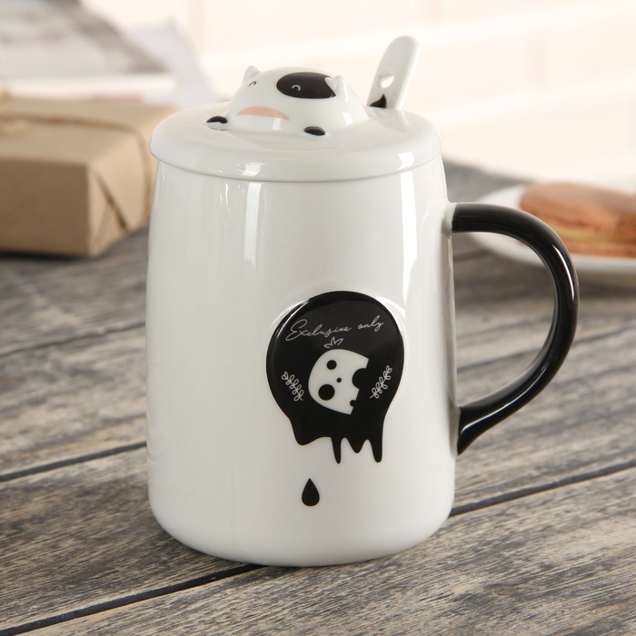 Кружка 420 мл "Му-му", с керамической крышкой и ложкой, рисунок МИКС