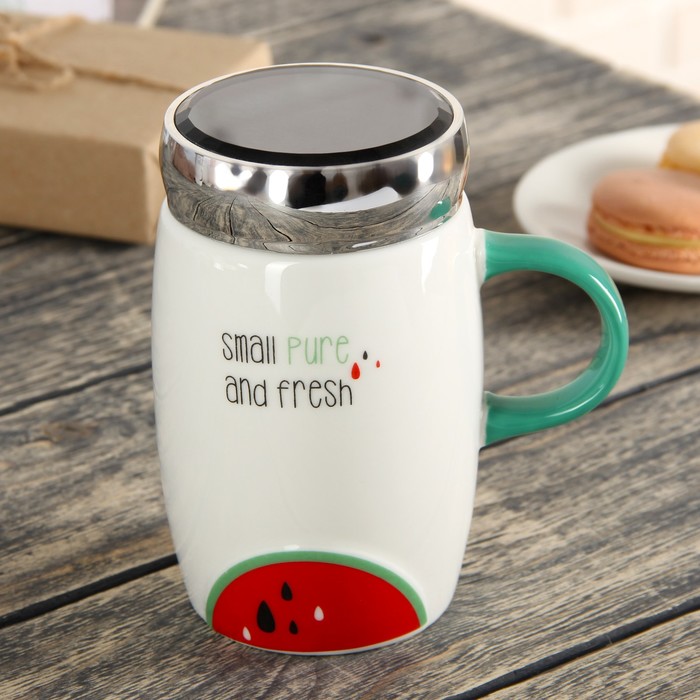 Кружка 500 мл "Маленькое счастье", с зеркальной крышкой, рисунок МИКС