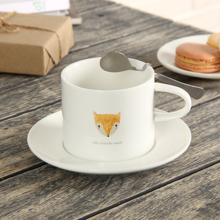 Чайная пара 260 мл "Зверята", с ложкой, рисунок МИКС