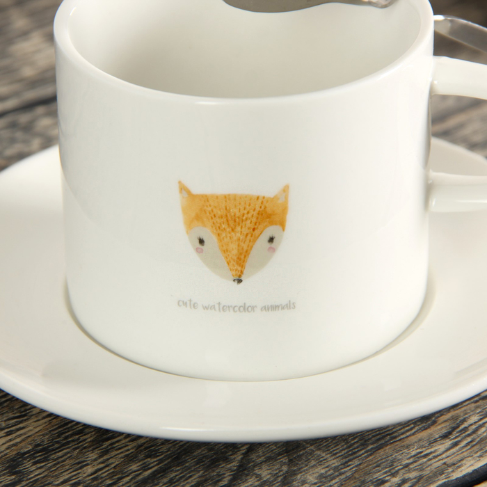 Чайная пара 260 мл "Зверята", с ложкой, рисунок МИКС