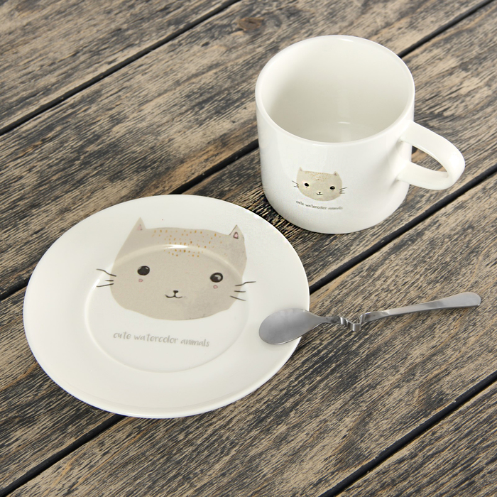 Чайная пара 260 мл "Зверята", с ложкой, рисунок МИКС