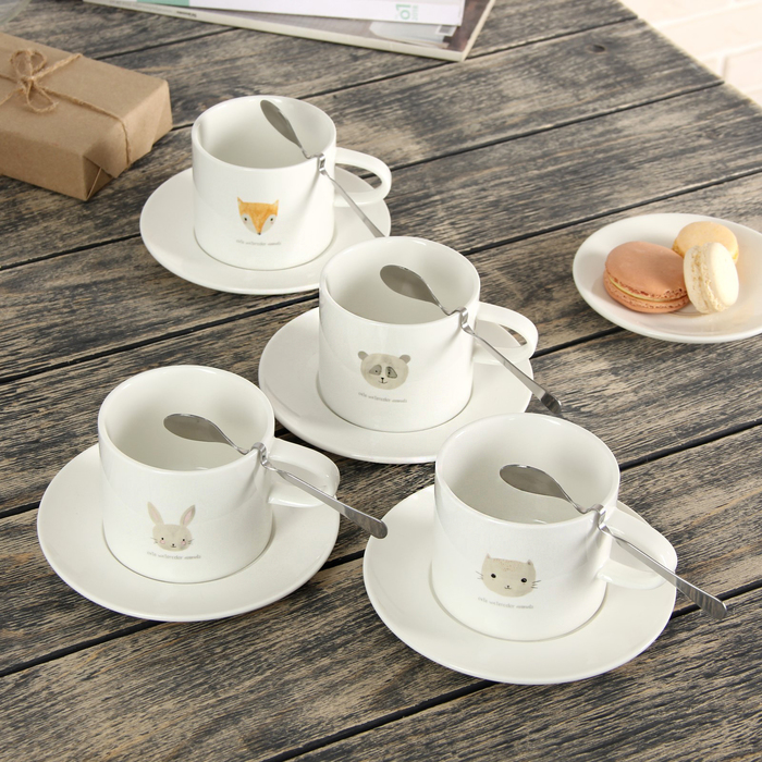 Чайная пара 260 мл "Зверята", с ложкой, рисунок МИКС