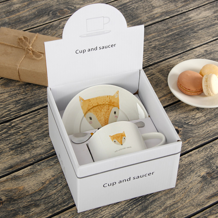 Чайная пара 260 мл "Зверята", с ложкой, рисунок МИКС