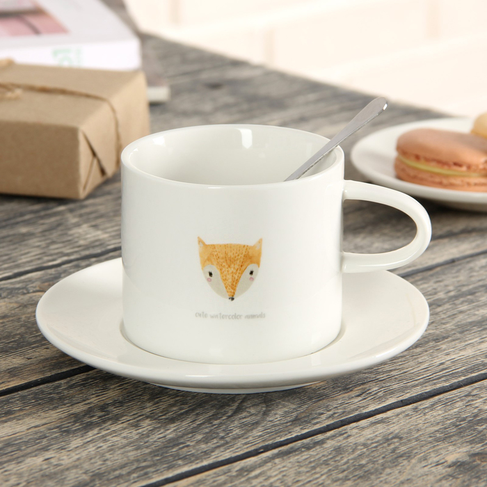 Чайная пара 260 мл "Зверята", с ложкой, рисунок МИКС