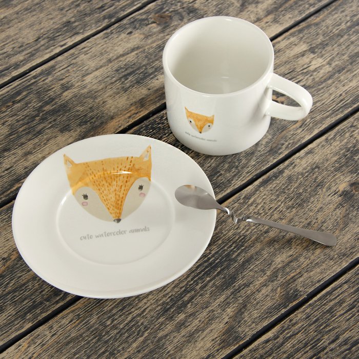 Чайная пара 260 мл "Зверята", с ложкой, рисунок МИКС