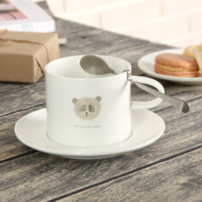 Чайная пара 260 мл "Зверята", с ложкой, рисунок МИКС