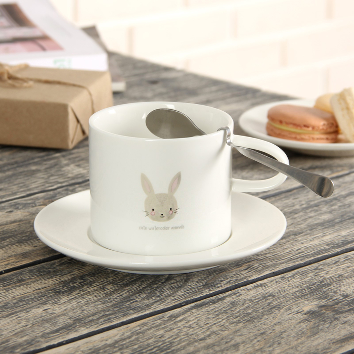 Чайная пара 260 мл "Зверята", с ложкой, рисунок МИКС