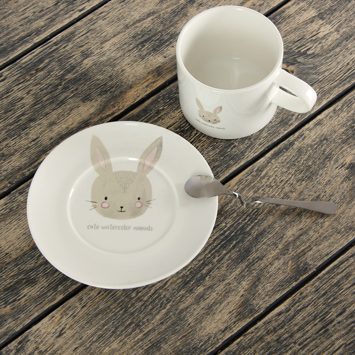 Чайная пара 260 мл "Зверята", с ложкой, рисунок МИКС